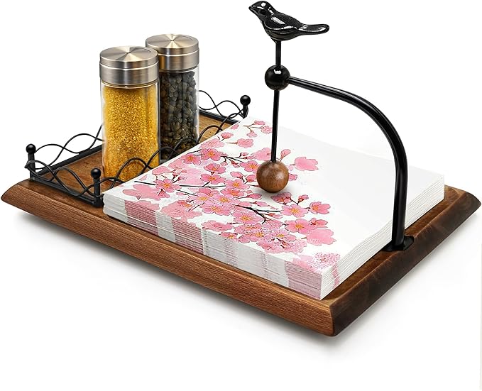 Eleganter flacher Serviettenhalter aus Holz mit Vogel-Design, multifunktionaler Serviettenhalter für Tisch, Küche, Außenbereich, Walnussbrauner Holzsockel, inklusive Platz für Salz- und Pfefferstreuer