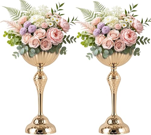 Gold Tall Vases for Centerpieces, 14.9" Gold Compote Vase for Flowers, Set of 2 Metal Urn Vases Flower Arrangement for Floral - Pedestal Bowl Decor for Party Anniversary