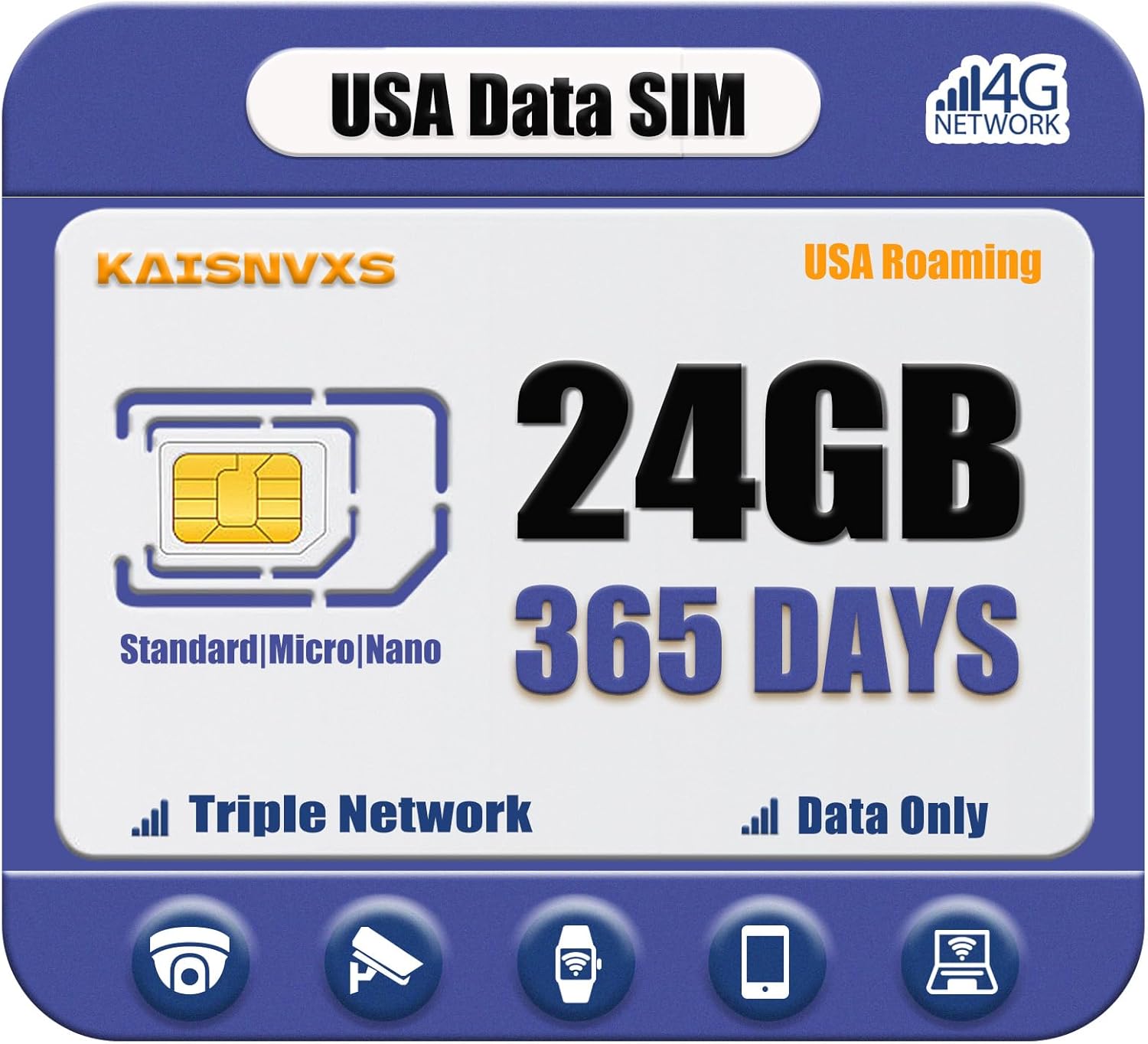 Upgraded Data Only SIM Card for Security Camera - 24GB High Speed Data Compatible with The USA Nationwide Networks for Unlocked 4G Cellular Cameras, Smart Watches, Tablet, 365 Days Data Service