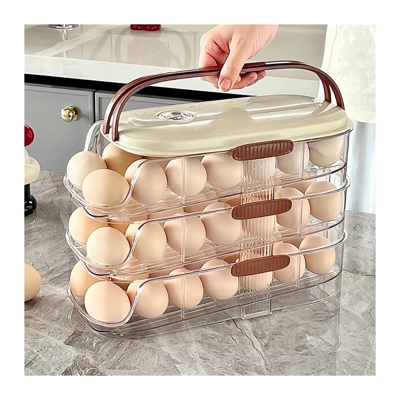 Soporte grande para huevos para nevera, organizador automático de plástico transparente, dispensador de huevos apilable y contenedor de almacenamiento (M)