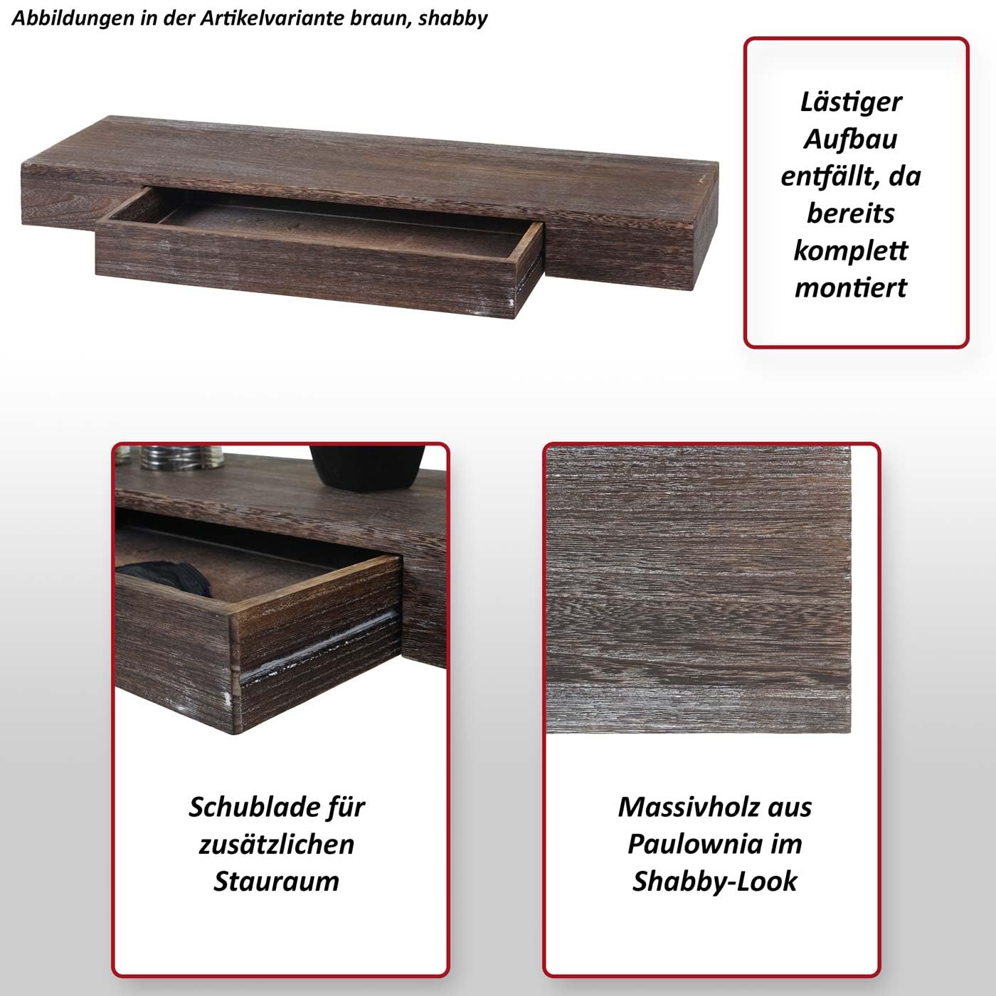 Mendler Wandregal HWC-H37 Schublade Massiv-Holz 8x80x25cm - weiß, Shabby | Schweberegal, Wandboard, Hängeregal, Regal