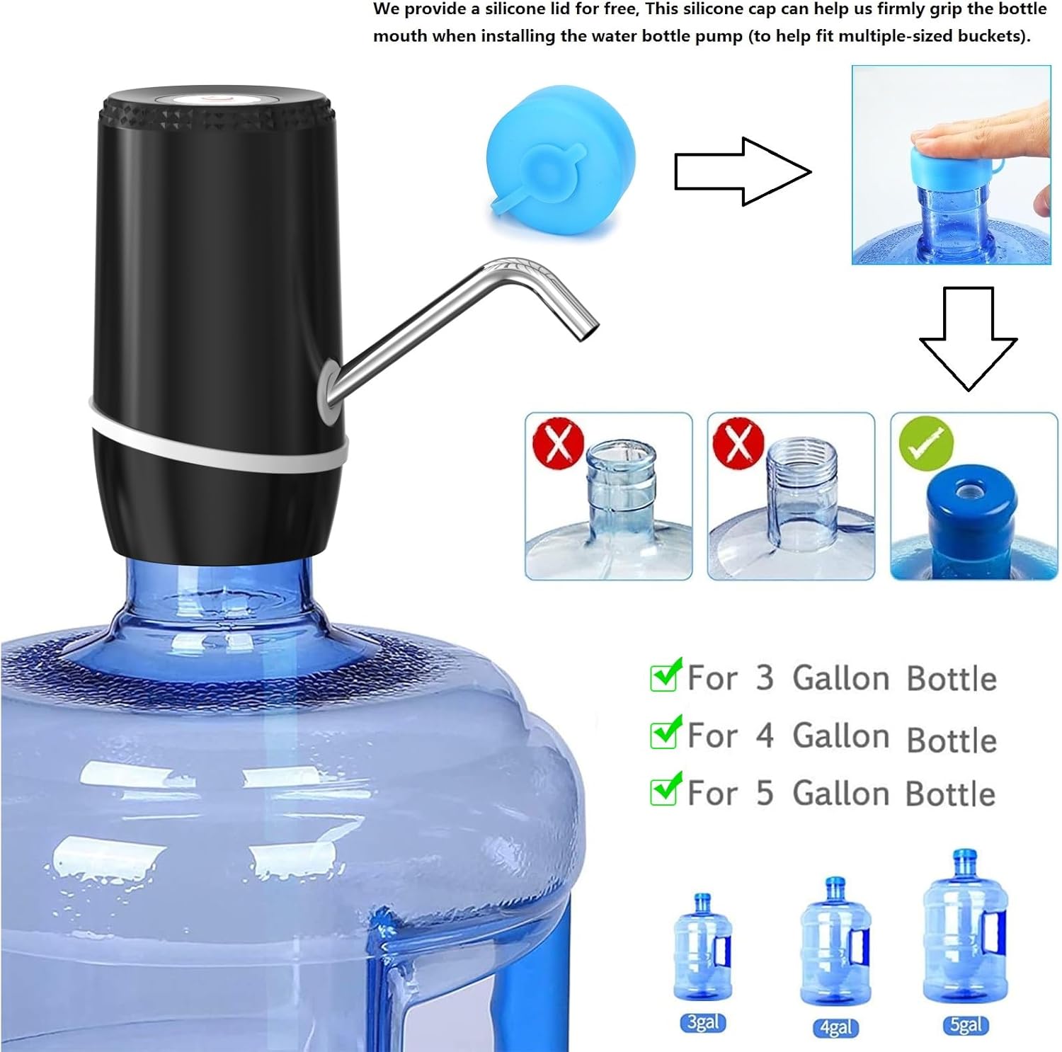 Myvision 2 Pack Electric Portable 5 Gallon Water Dispenser, Universal Micro USB Charging Water Bottle Pump, 3-5 Gallon Jug Water Dispenser with Silicone Cap (2pcs Mode 9) - Image 4