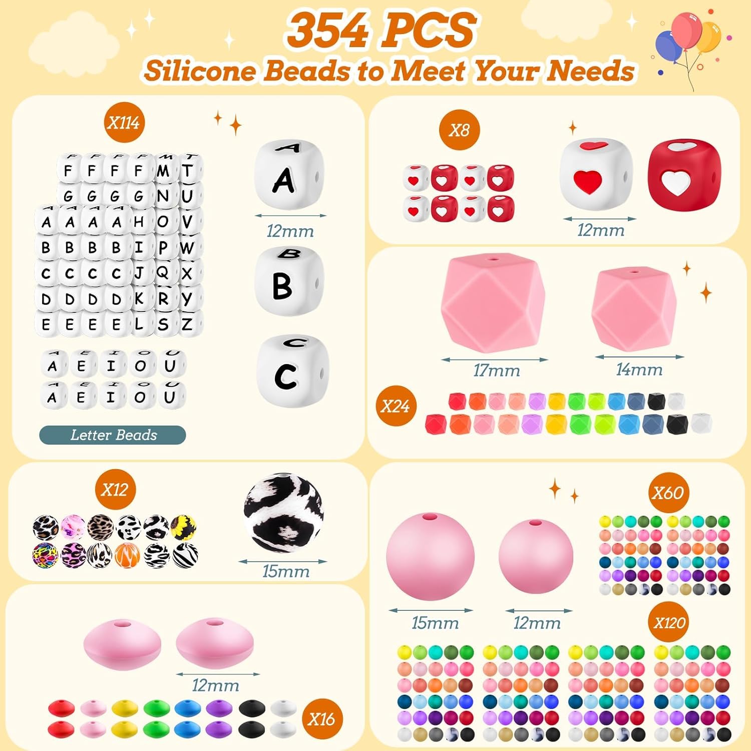 TOHONGADON 392 Pcs Silicone Beads for Keychain Making Kit, Silicone Letter Beads, 12mm15mm Round 14mm17mm Polygonal 12mm Lentil Beads Bulk, Rubber Bead for Keychain Bracelet Jewelry Making Supplies - Image 2