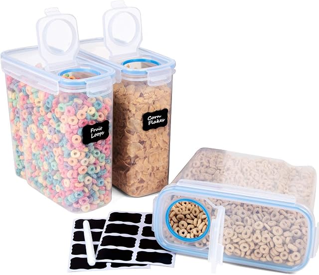 Cereal Storage Container Set 3 x 4 Litre Airtight Best Dry Food Keepers with 16 Free Chalkboard Labels & Pen, Great for Cereals Pasta Rice Dry Foods Pet Food Coffee Flour, BPA Free Dispenser (3 Pcs)