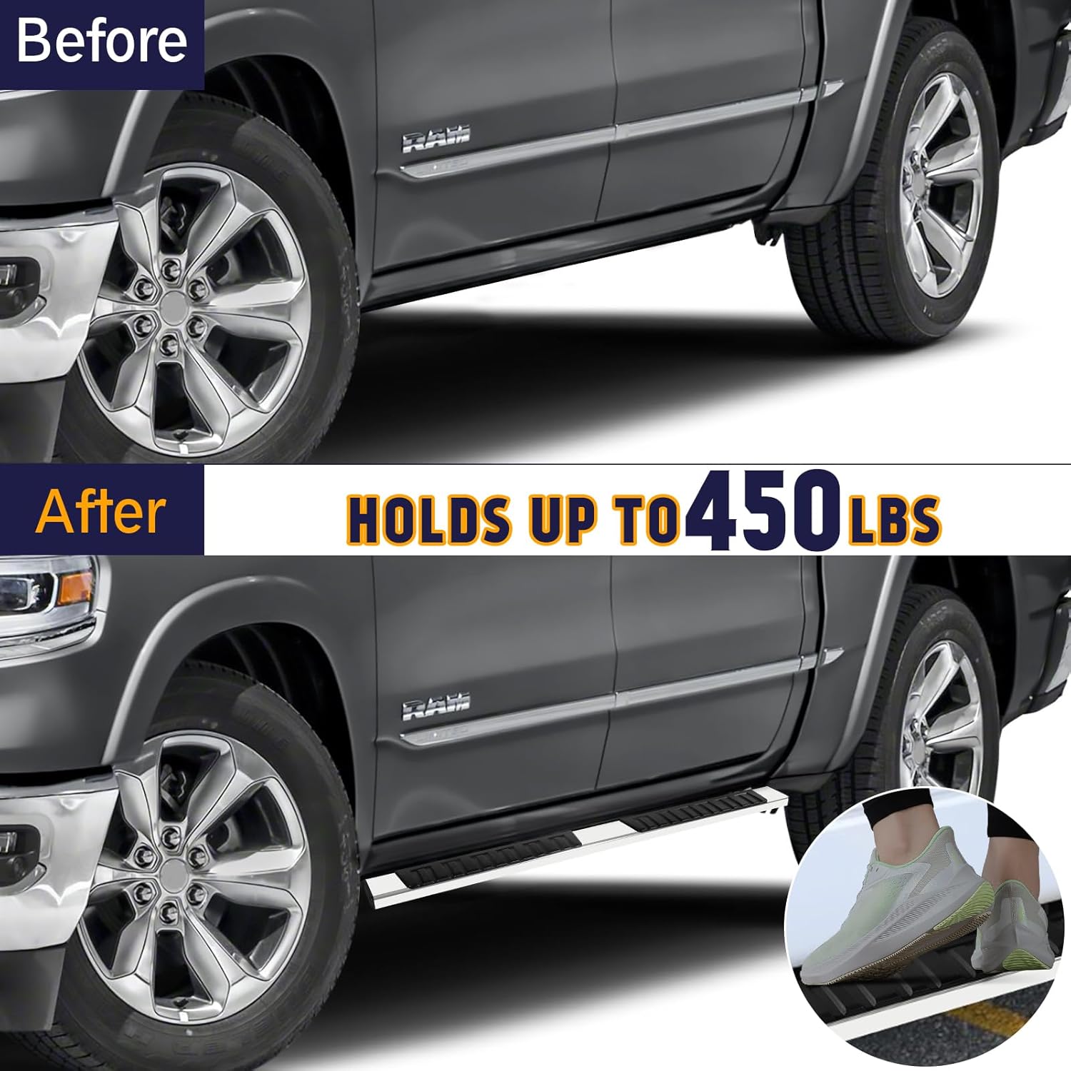 Perfit Liner 6 Inches Running Boards for 2019-2024 Dodge Ram 1500 Crew Cab New Body Style Mirror Stainless Steel Side Steps Nerf Bars((2019-2024 Ram 1500 Classic 2019-2024 Ram 2500 3500 Not Included))