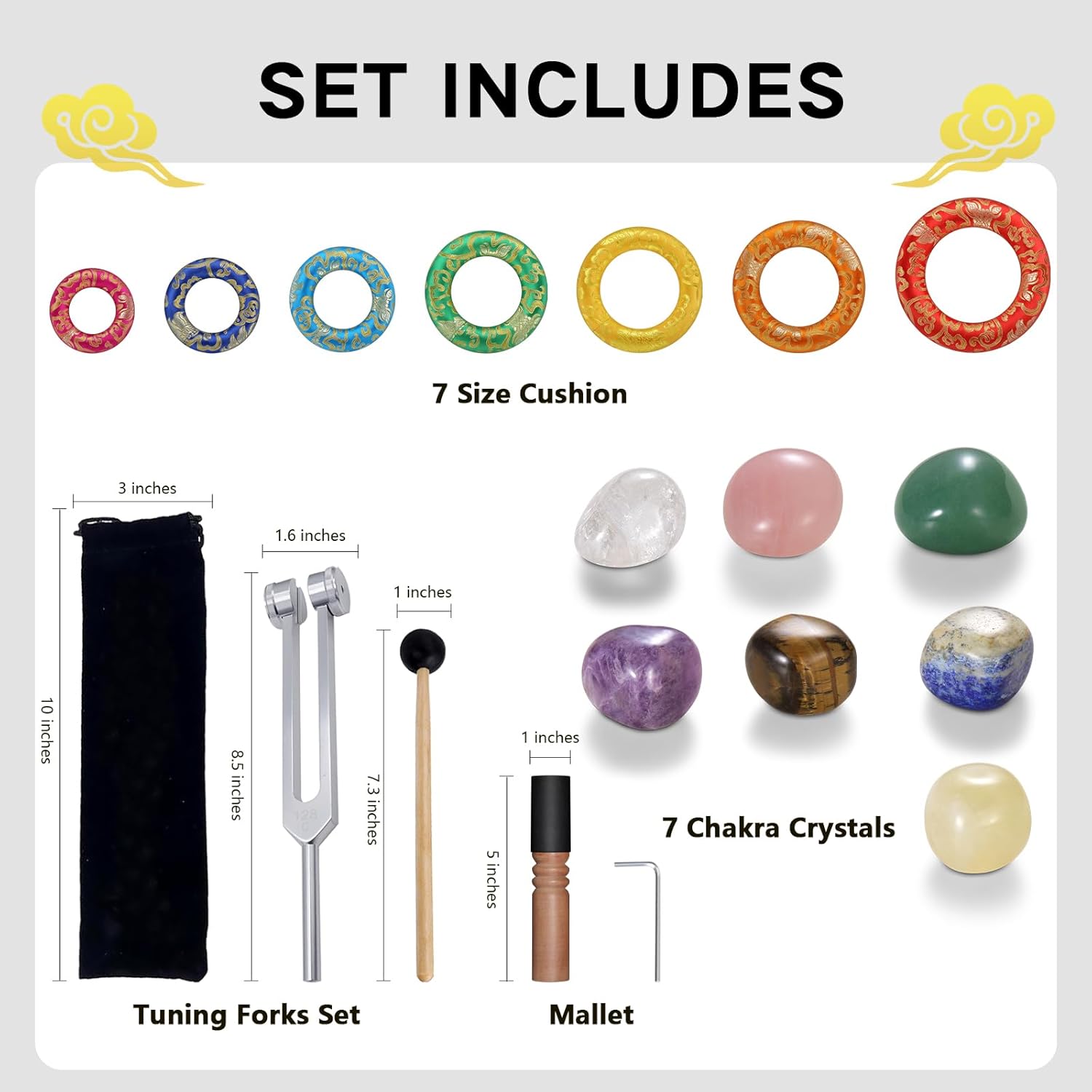 18 Pcs Singing Bowl Cushion Set for 6-12" Tibetan Singing Bowls, 7 Rainbow Silk Round Cushion, WoodMallet,128Hz Tuning Fork Kit, 7 Chakra Stones - for Meditation Sound Healing and Crystal Sound Bowls