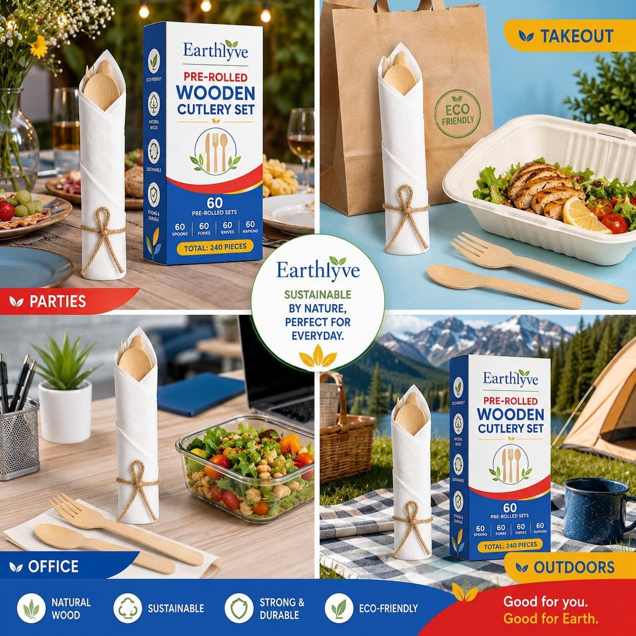 Pre-Rolled Wooden Cutlery Set with Napkins, 60 Pack (240 Pieces), Compostable Disposable Utensils, Individually Wrapped Forks Knives Spoons, Eco-Friendly Biodegradable for Parties, Weddings & Catering
