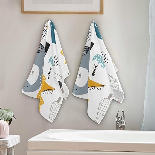 Miniatura 5 de Juego de 2 toallas de cara de dinosaurio, toalla de mano de dinosaurio de dibujos animados blancos, toallas de algodón para decoración de baño para