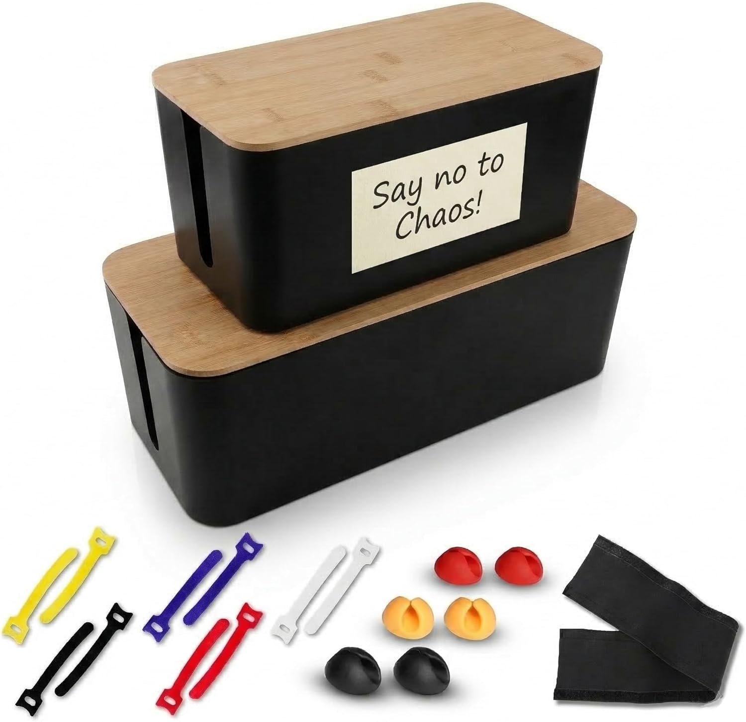 Cord Management Box Set – 2 Pack Cable Organizer Box to Hide Cords and Power Strip Kit with Clips, Reusable Ties & Sleeve – Functional, Modern Design | Medium & Large Sizes for Home & Office Use