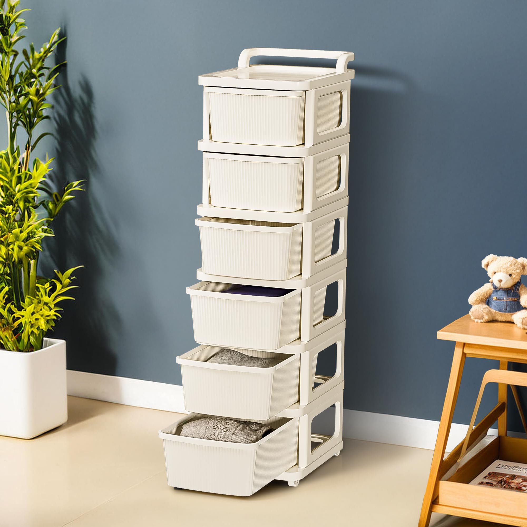 Kuber Industries 6 Layer Heavy Duty Plastic Storage Drawer with Wheels | Modular Cabinet for Bedroom, Office, Home | Chest of Drawers Organiser for Cosmetics, Kitchen items, Toys Storage | Ivory-image-20