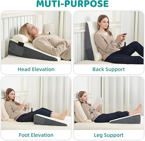 Miniatura 3 de Almohada de cuña de cama para apnea del sueño, almohada de cuña triangular de 22 x 22 x 7 pulgadas con almohada para el cuello para dormir, reflujo