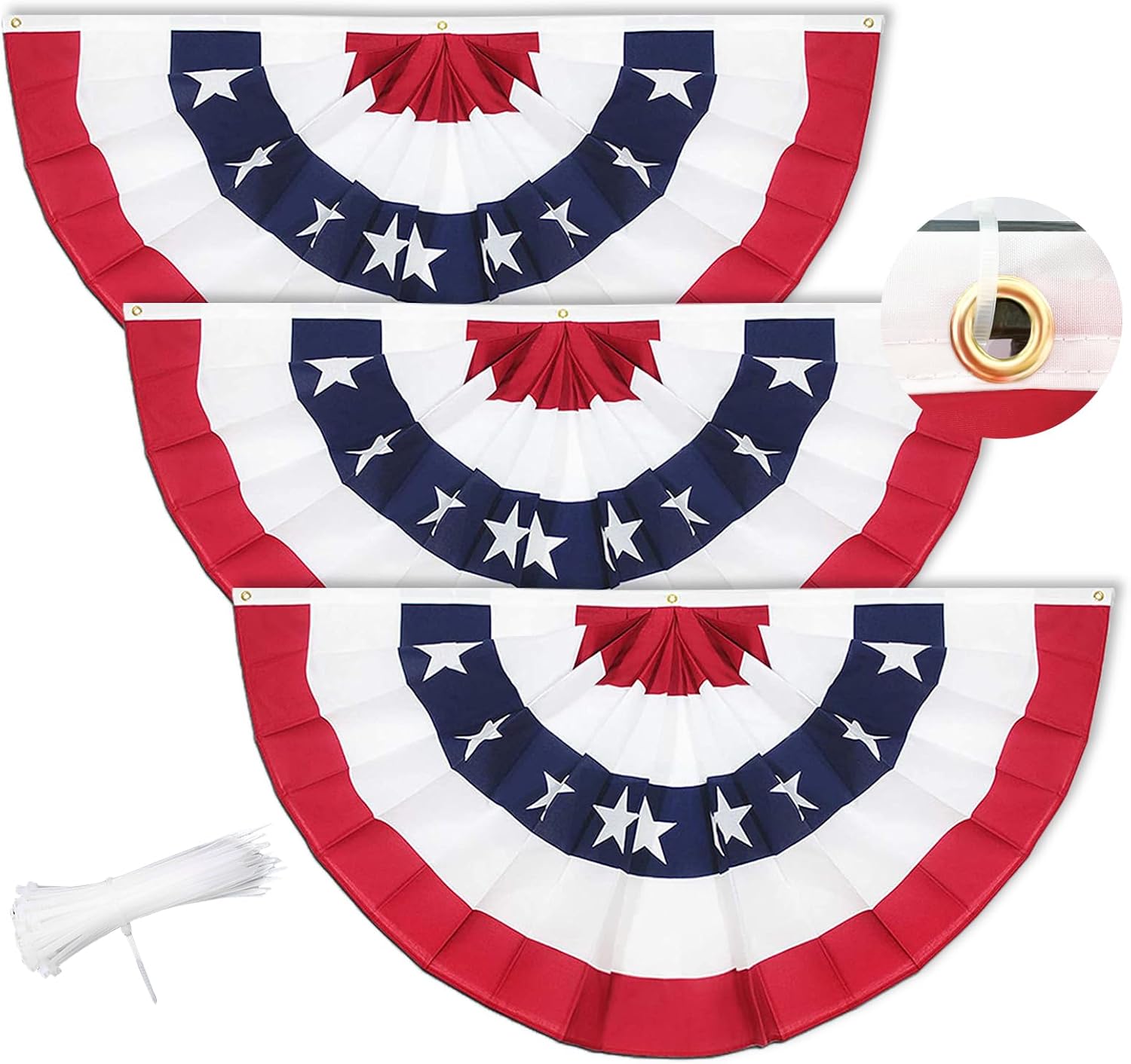 GOAUS 3x6 Ft American Bunting Flags with Grommets&Zip Ties, Veterans Day Decorations Outdoor USA Patriotic Pleated Fan Banner, Red White and Blue Decor for 4th of July Memorial Day(Set of 3)