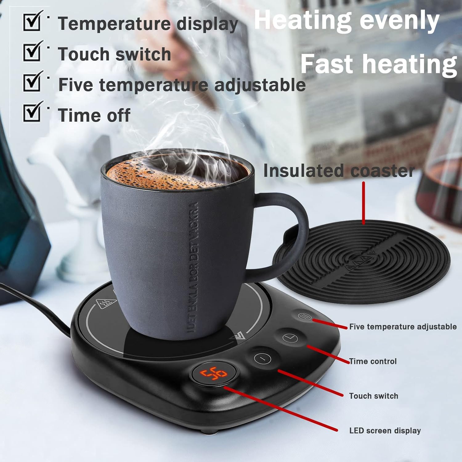 Coffee Mug Warmer Electric Cup Beverage Warmer with 5 Adjustable Temperature Touch Tech (up to 210.2℉/99℃) Auto Shut Off Cup Warmer Tea Warmer for Cocoa, Tea, Milk, White