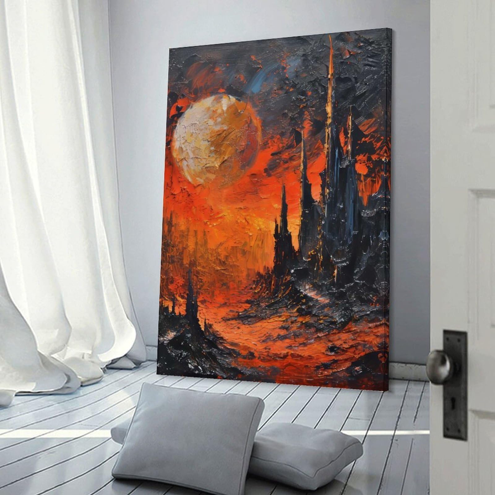 Junmoney Frame-Style-23-1 Fiery Landscape With Dark Towers Decorative Wall Artwork, 20X30inch(50X75cm), For Home Lounge, Bedroom Or Reading Nook, Easy Decor For Gallery Walls