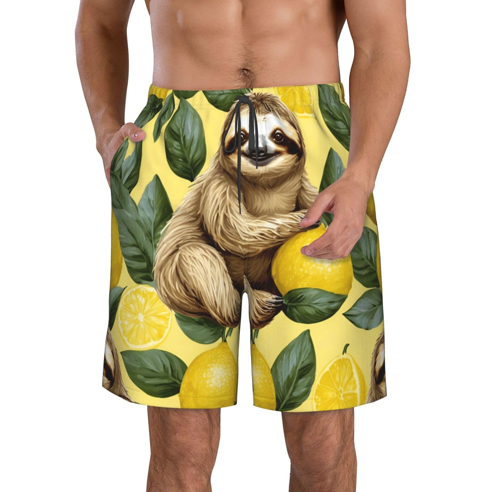 Duwaa Men's White Sloths On Yellow Lemons Print Casual Short, Lightweight Summer Beach Shorts, Quick Dry Workout Athletic Shorts