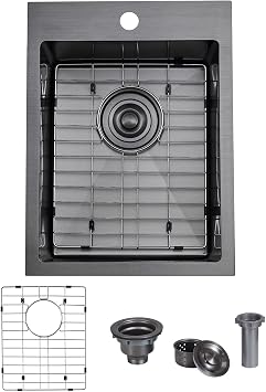 SHACO 15x20 Inch Black Drop In Bar Sink, 15 Inch Top Mount RV Kitchen 16 Gauge Stainless Steel Sink for Small Kitchen Wet Bar Prep RV Yard Office Laundry with Dish Grid & Drain, Gunmetal Black