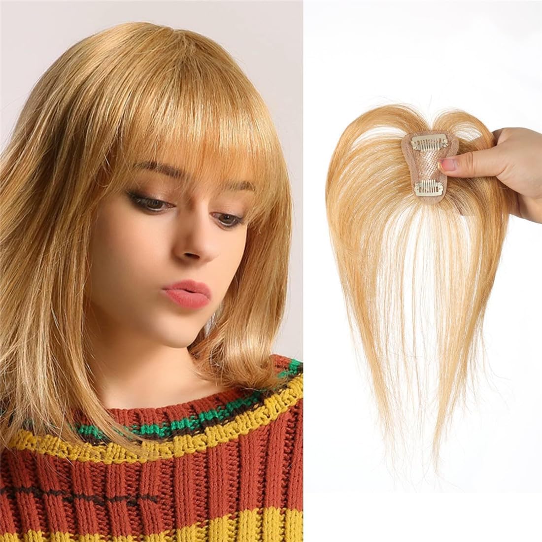3D Human Hair Topper with Bangs, 360° Coverage, Hand-stitched T-shaped Mesh Breathable Hair Bang Topper with Clips, 3D Airy Bangs for Women (Black Brown)