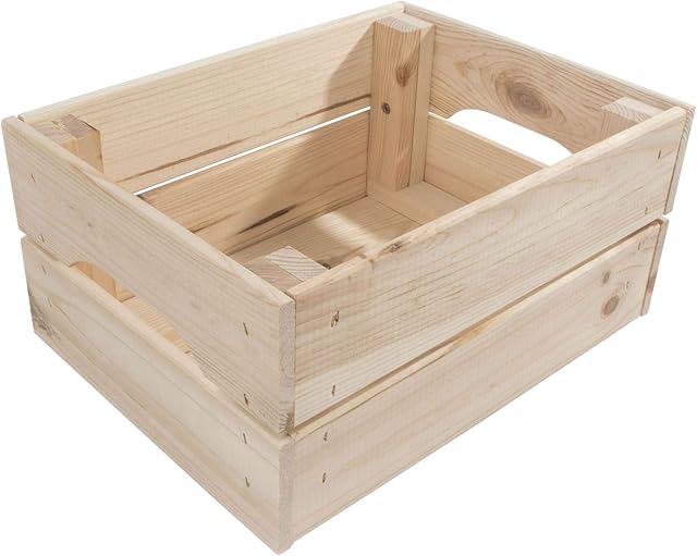 Small Strong Sturdy Decorative Wooden Crate | 31 x 23 x 15 cm | Slatted Solid Storage Box with Handles | Display Plants Apple Fruits DIY Hamper | Unpainted Natural Pinewood