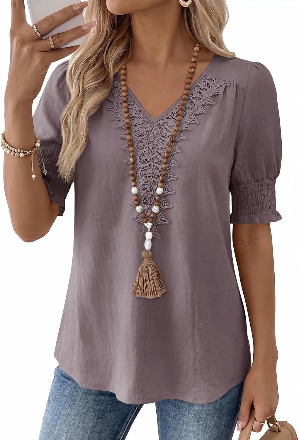 Falechay Womens Summer Tops Boho Lace V Neck Short Sleeve Shirts S-4XL