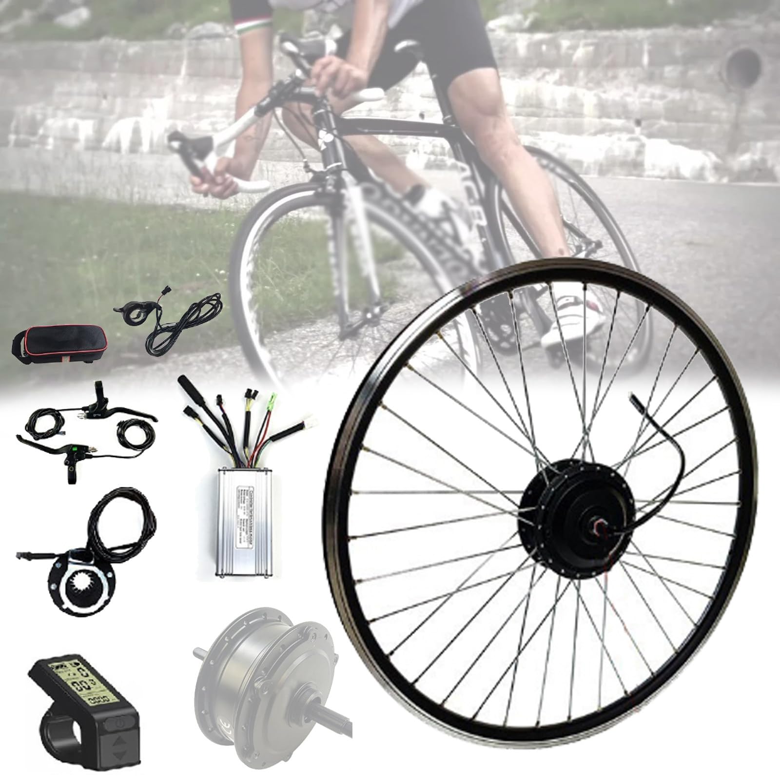 Zestaw do konwersji tylnego koła roweru elektrycznego, 36 V/48 V 500 W Zestaw do konwersji bezszczotkowego silnika przekładniowego do roweru elektrycznego z wyświetlaczem LCD,36V-26inch