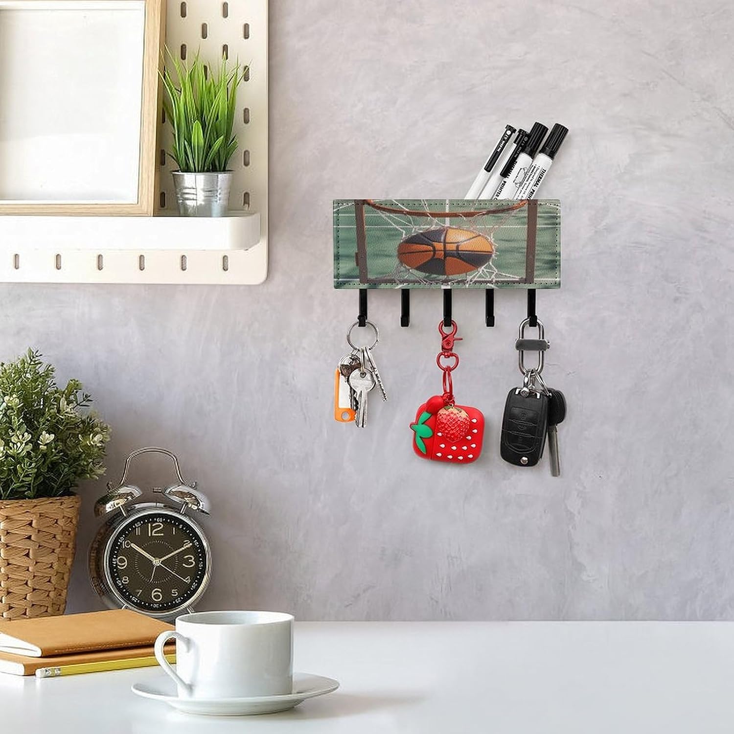 Key Holder Wall Mount Key Hanger with 5 Hooks, Decorative Key Rack | Basketball Hanging Key Hooks with Mail Organizer for Wall Living Room Kitchen Bathroom Hallway