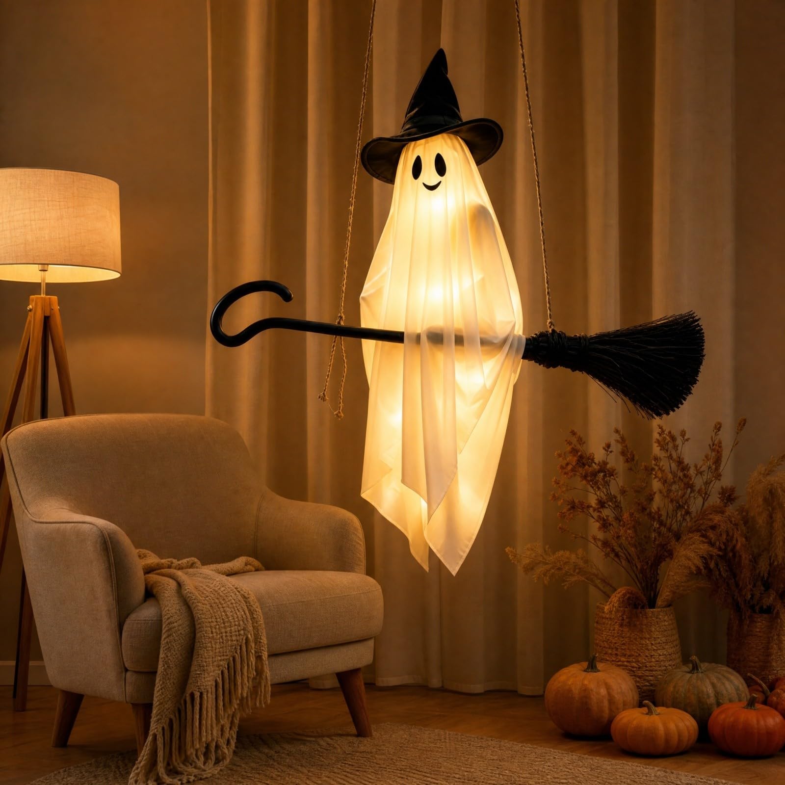 Decoración Colgante Luminosa de Halloween: Fantasma con Sombrero de Bruja Montando una Escoba, con Luces LED cálidas. Ideal para Interiores y Exteriores, porches, Jardines, Patios,