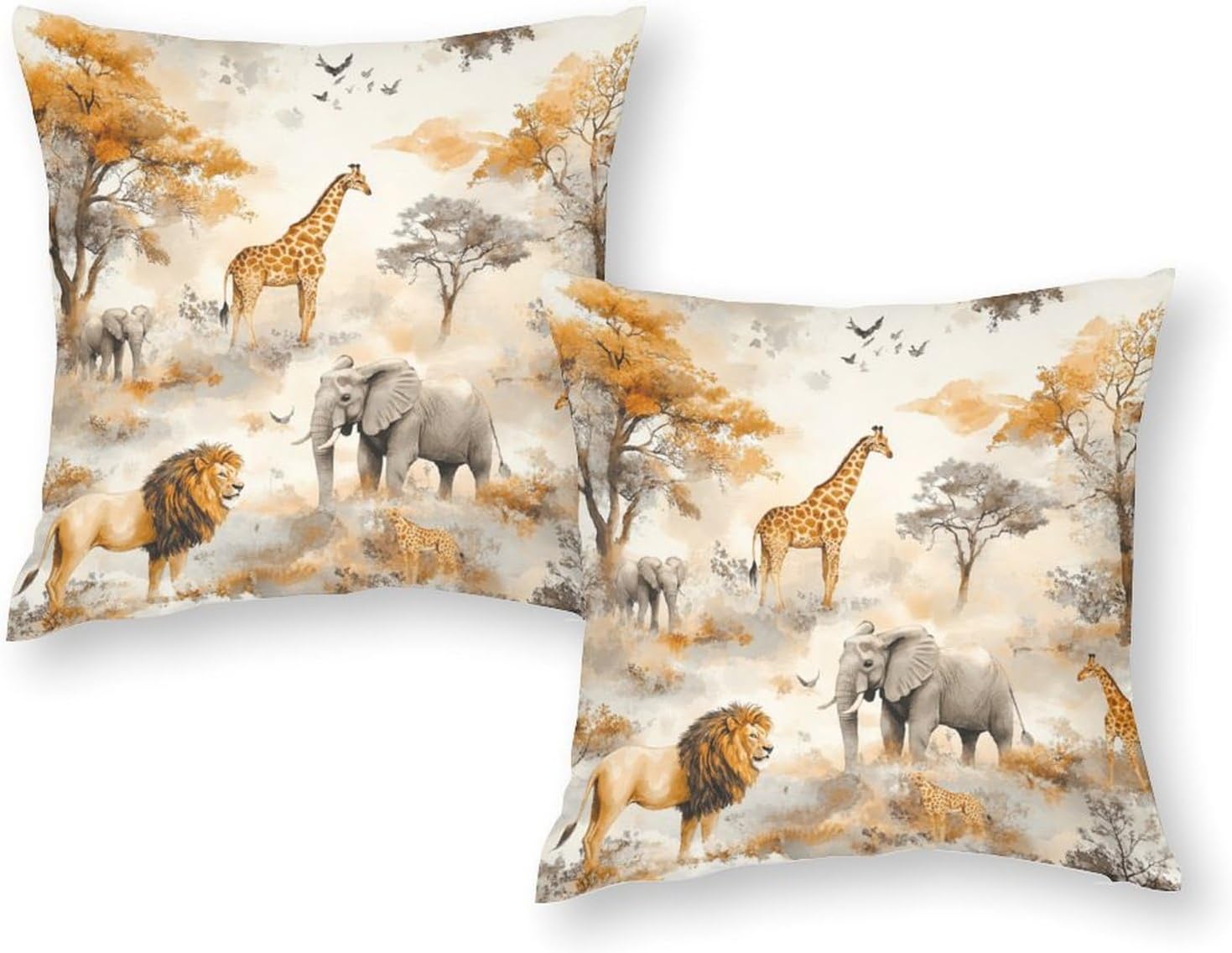 2 Packs Africa Elephants Animal Throw Pillow Covers for Living Room, Jungle Giraffe Lion Fantasy Pillow Covers Cushion Case for Couch Sofa Bed, 20x20 inch