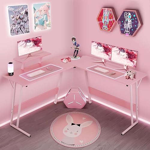 Miniatura 8 de HKLGorg Escritorio en forma de L, escritorio para computadora de 50.4 pulgadas, mesa de juegos con soporte para monitor, escritorio de esquina con