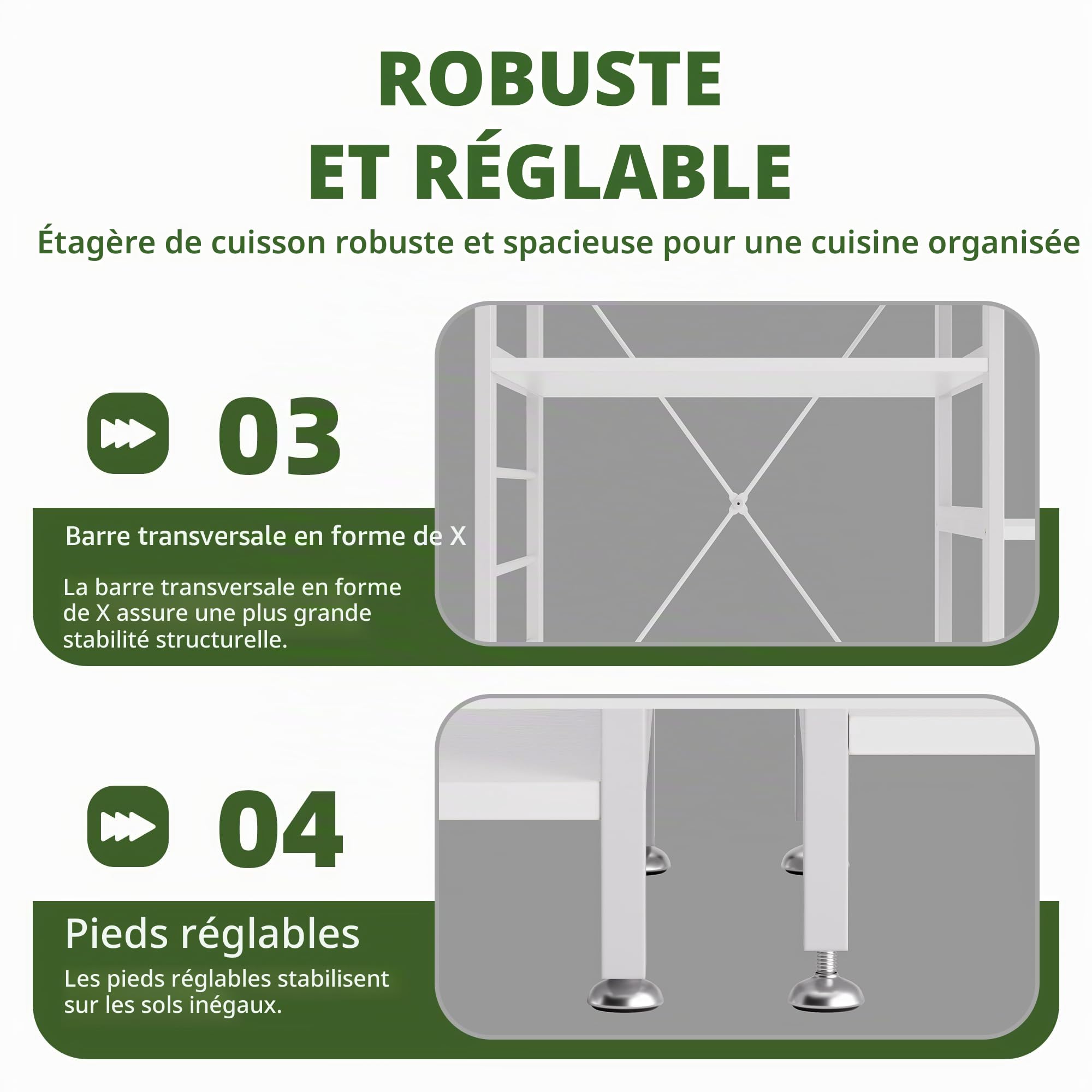 Étagère de cuisine pour boulanger, support de four à micro-ondes avec cadre en bambou, bar à café avec panier en fil métallique et 6 crochets pour cuisine, salon, bureau (Blanc)