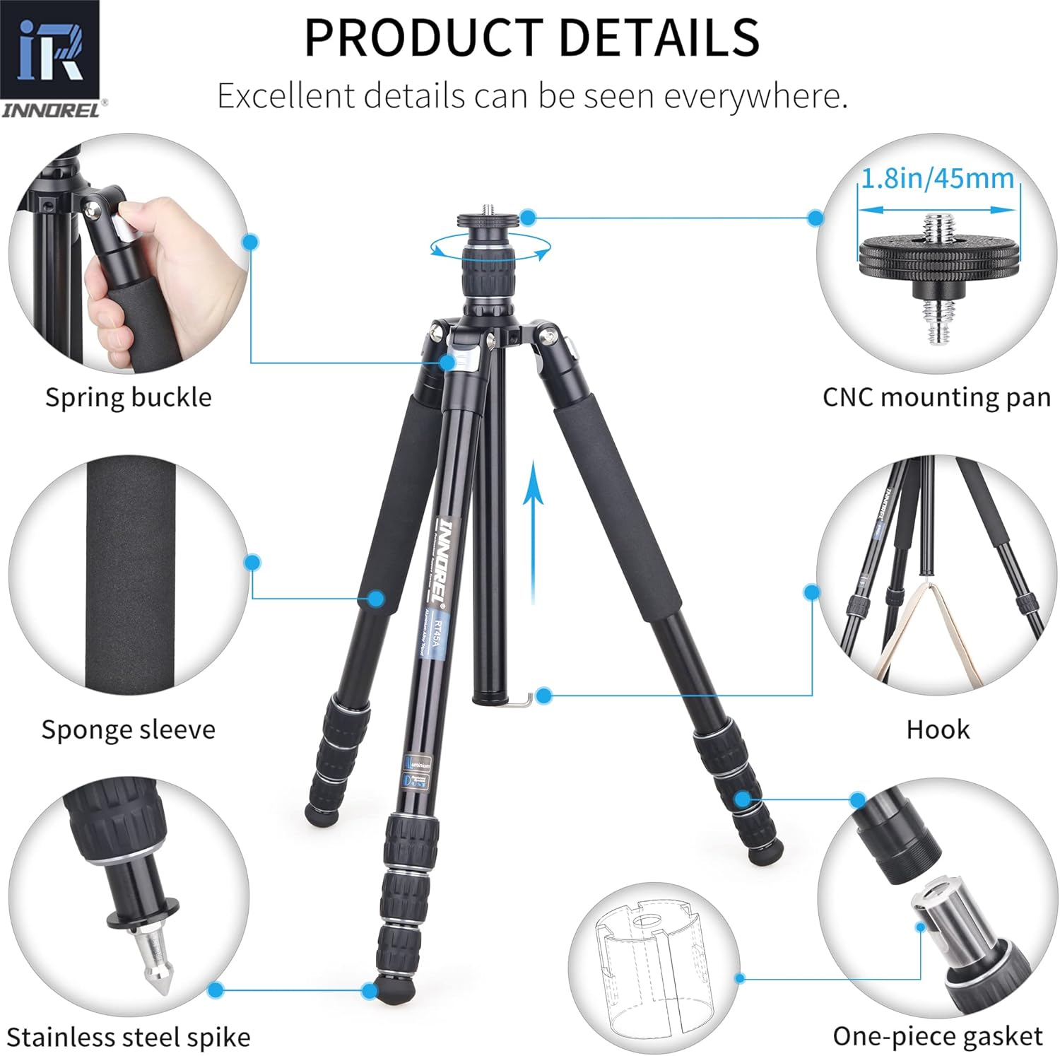 INNOREL RT45A Professional Camera Tripod 6061 Aluminum Alloy Travel Compact Portable Photographic Tripod Monopod for DSLR Camera Camcorder Camera Stand 62in/157cm Tall, Load 33lb/15kg(Only Tripod)