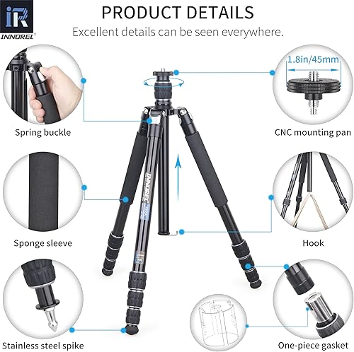 Miniatura 4 de INNOREL RT45A - Trípode para cámara profesional 6061, aleación de aluminio, compacto, portátil, trípode fotográfico, monopie para cámara réflex