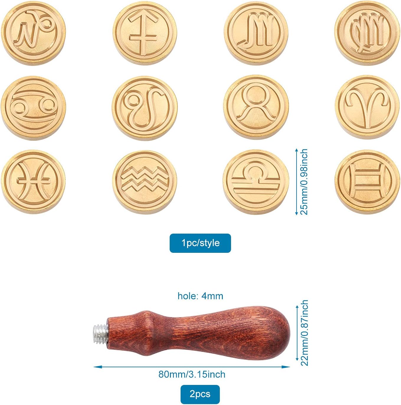 Beadthoven Wax Seal Stamp Set with 12pcs Full Zodiac Signs Constellations Theme Brass Heads & 2pcs Wooden Handles for Letter Envelope Invitation Wedding Cards Embellishment Gift