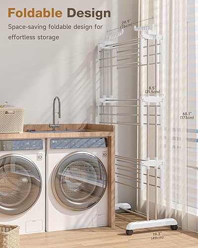 Vista 7 de Bigzzia Tendedero plegable de 4 niveles para ropa, ropa, caballos, estante de secado de lavandería de acero inoxidable (gris blanco, 4 niveles)
