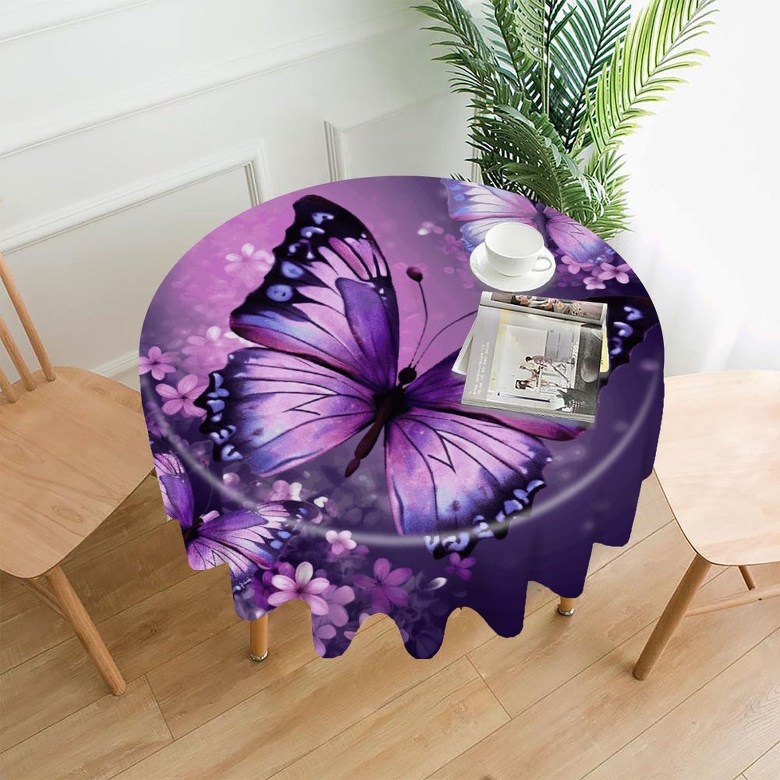 VstaDank Beautiful Purple Butterfly Art Tablecloth Easy to Clean Polyester Round Table Cover Washable Round Table Cloth Wrinkle-Free Circle Decoration Tablecloth for Kitchen Dining Room 60"