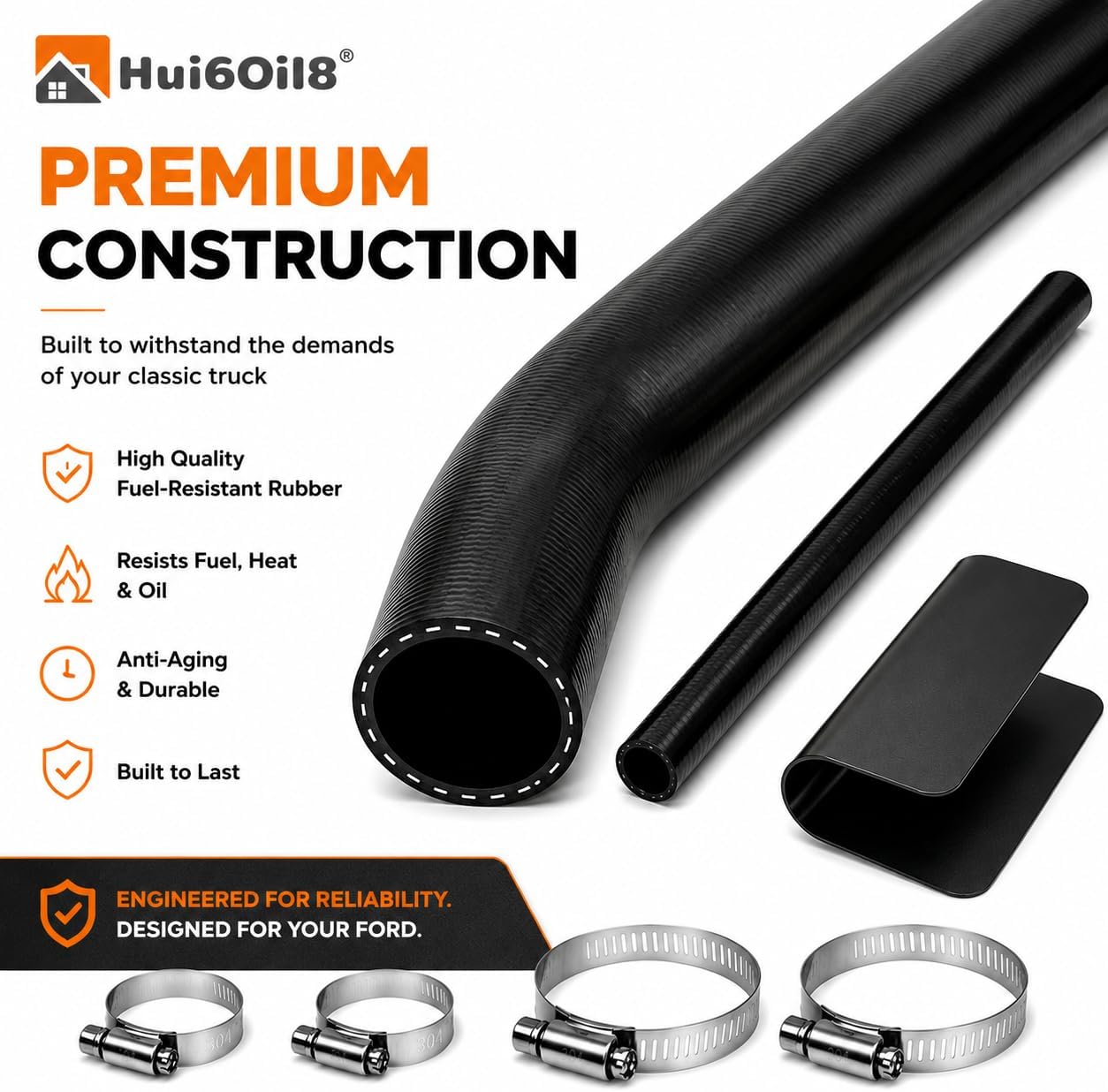 Fuel Tank Filler Hose Kit for Ford F100 F150 F250 F350 1973-1978 | Compatible with D5TZ-9047D ,ncludes Fuel Filler Hose, Vent Hose & Metal Shield, Fits Regular Cab Trucks Without Emission Hole