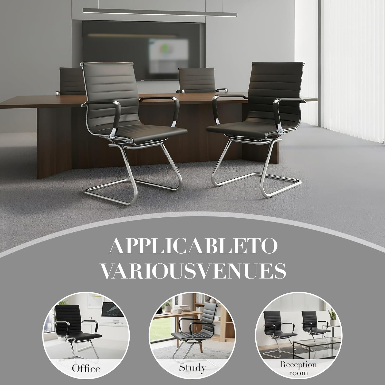 CIMOTA Waiting Room Chairs Leather Office Guest Chair Mid Back Reception Chairs with Sled Base for Meeting/Patient/Conference Room, Black Set of 4
