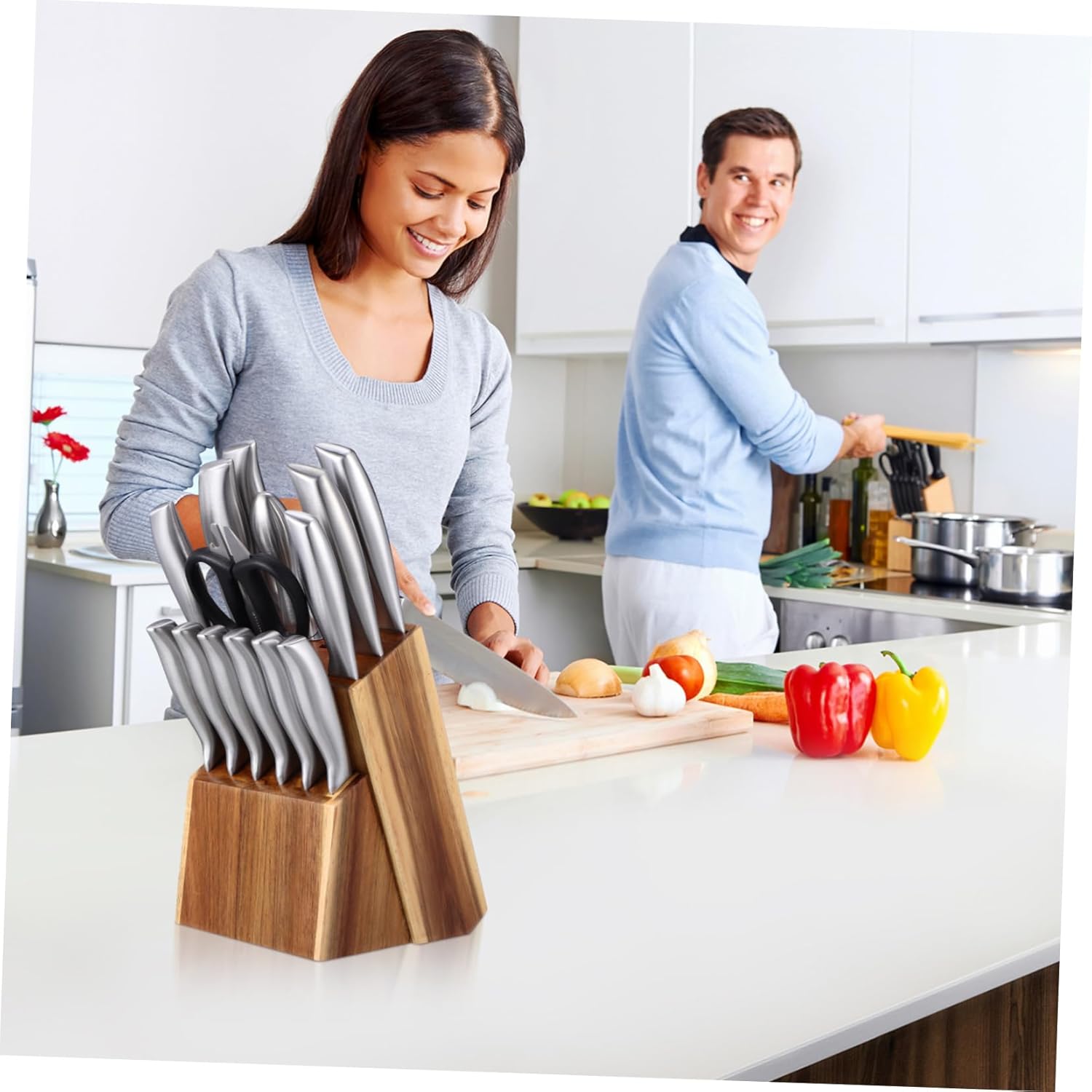 OUNONA 1Set Kitchen Knife Set with Block Steel Ergonomic Grip Versatile Use for Home Restaurant Storage