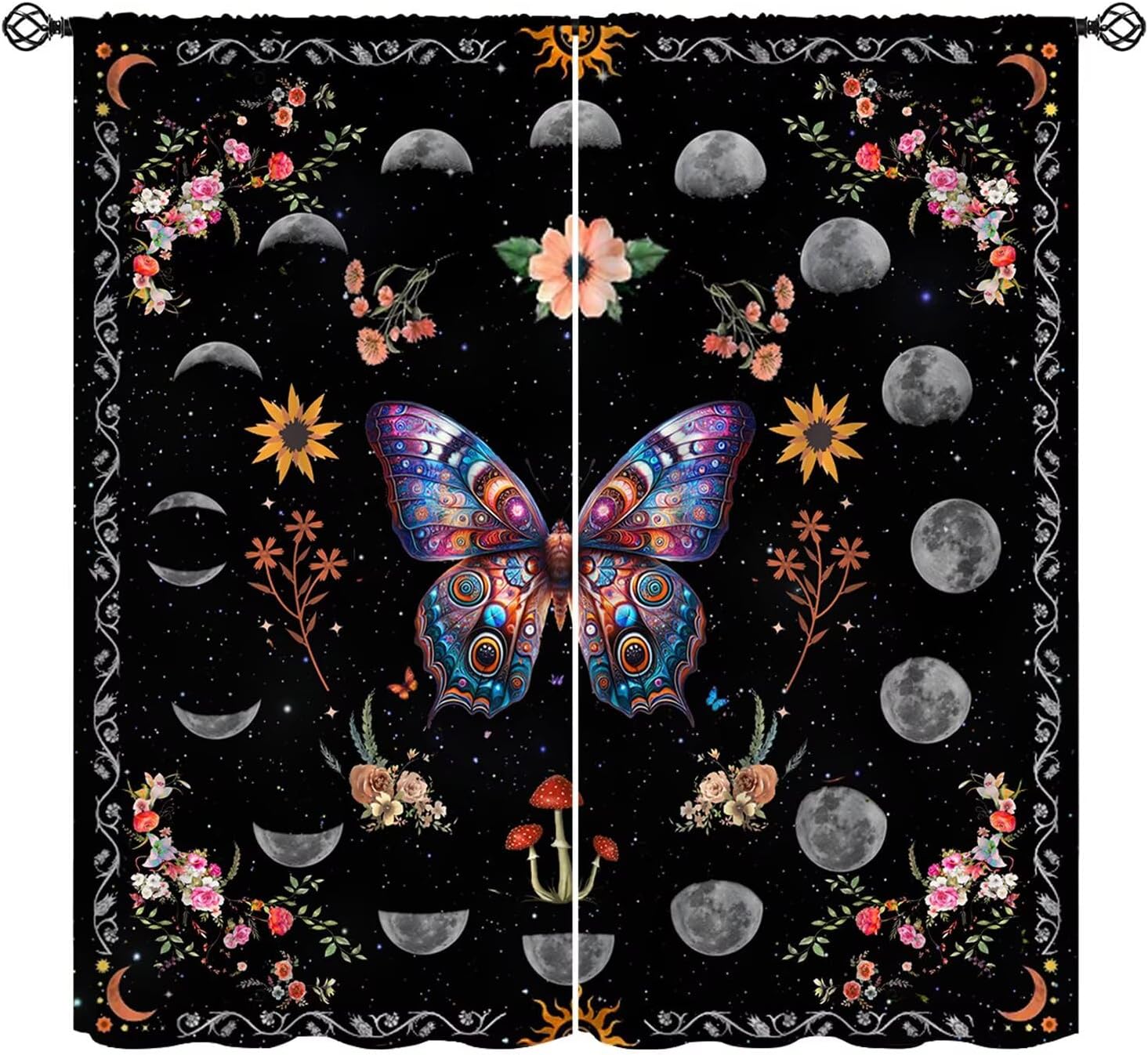 Boho Moon Floral Butterfly Curtains, Mushroom Modern Aesthetic Black Window Drapes for Bedroom Living Room Kitchen Cafe （W20xL45 Inch） x2 Decor