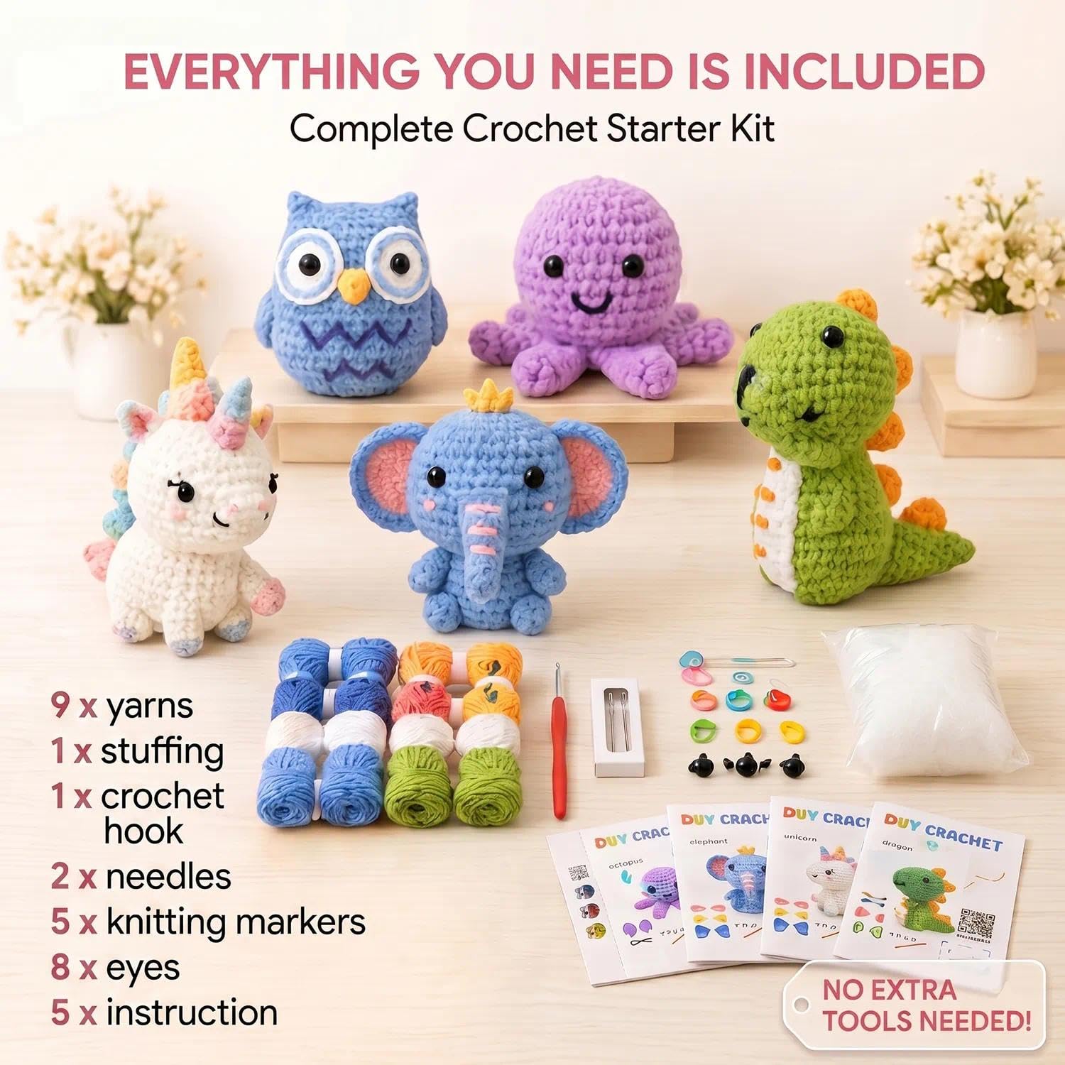 Kit per uncinetto a forma di animale, per principianti e adulti, set completo per realizzare 5 bambole con animali, per imparare a lavorare a maglia, kit con istruzioni e video tutorial