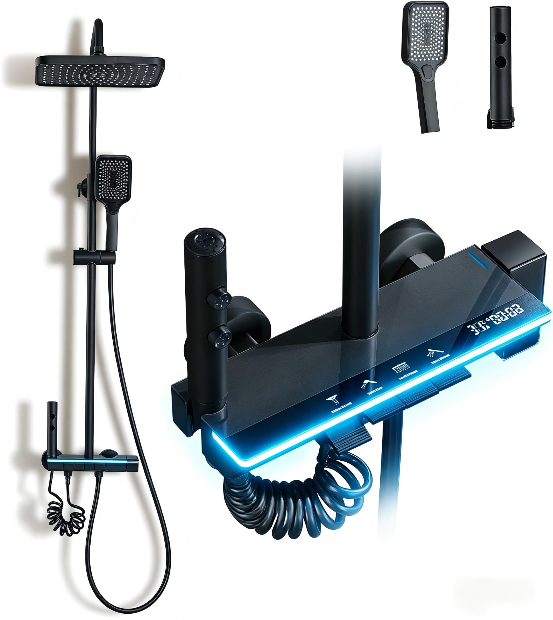 Colonne de Douche Titane avec Tête Carrée DEWINNER,Colonne de Douche 4 Modes et Hauteur Réglable75-110CM, Affichage LED,Tête de Douche, Jet, Robinet et Pommeau de Douche (Noir)