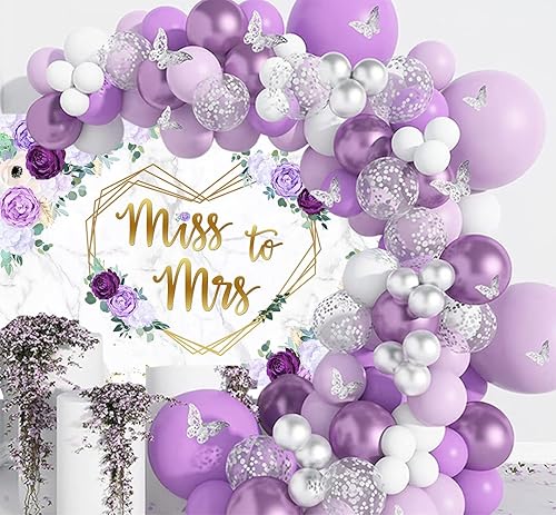 Miniatura 3 de Withu Fondo de Miss to Mrs con flores moradas, despedida de soltera, compromiso, boda, novia, fiesta, pastel, postre, decoración de mesa, pancarta,