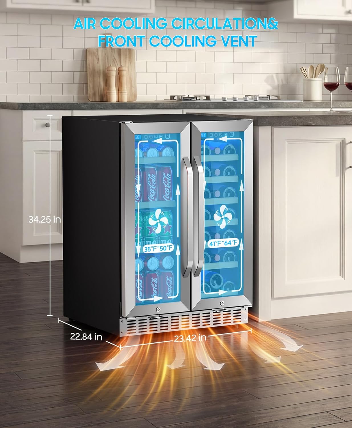 Wine and Beverage Refrigerator with Glass Door, 24-Inch Dual Zone Wine Fridge Under Counter - 21 Bottle and 60 Can Large Capacity Led Blue Light Smart Fast Cooling Wine Cooler Drink Fridge