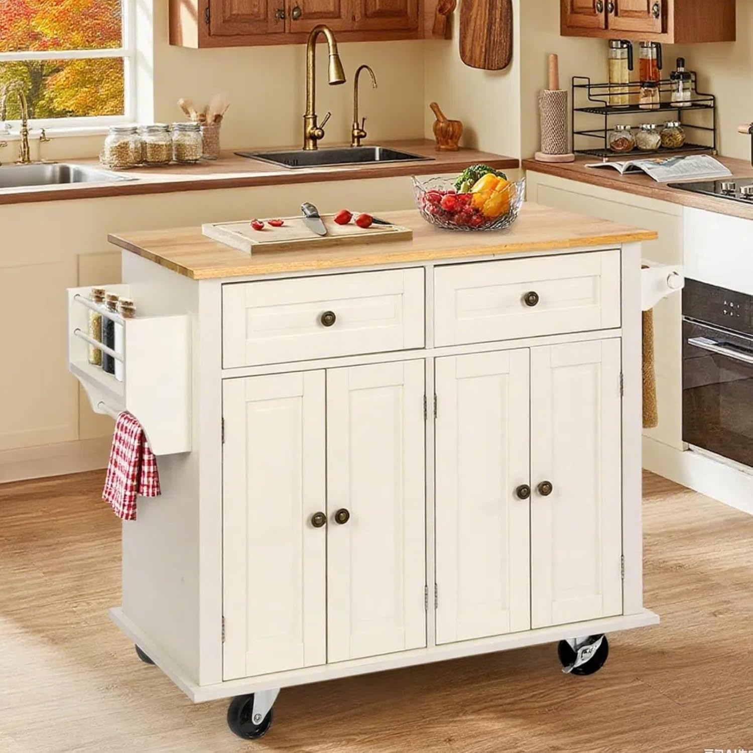 VOWNER Rolling Kitchen Island, Portable Kitchen Island with Storage, Floating Kitchen Cart with Spice Rack & Towel Rack, Drawer and Storage Cabinet, Isla para Cocina (White)