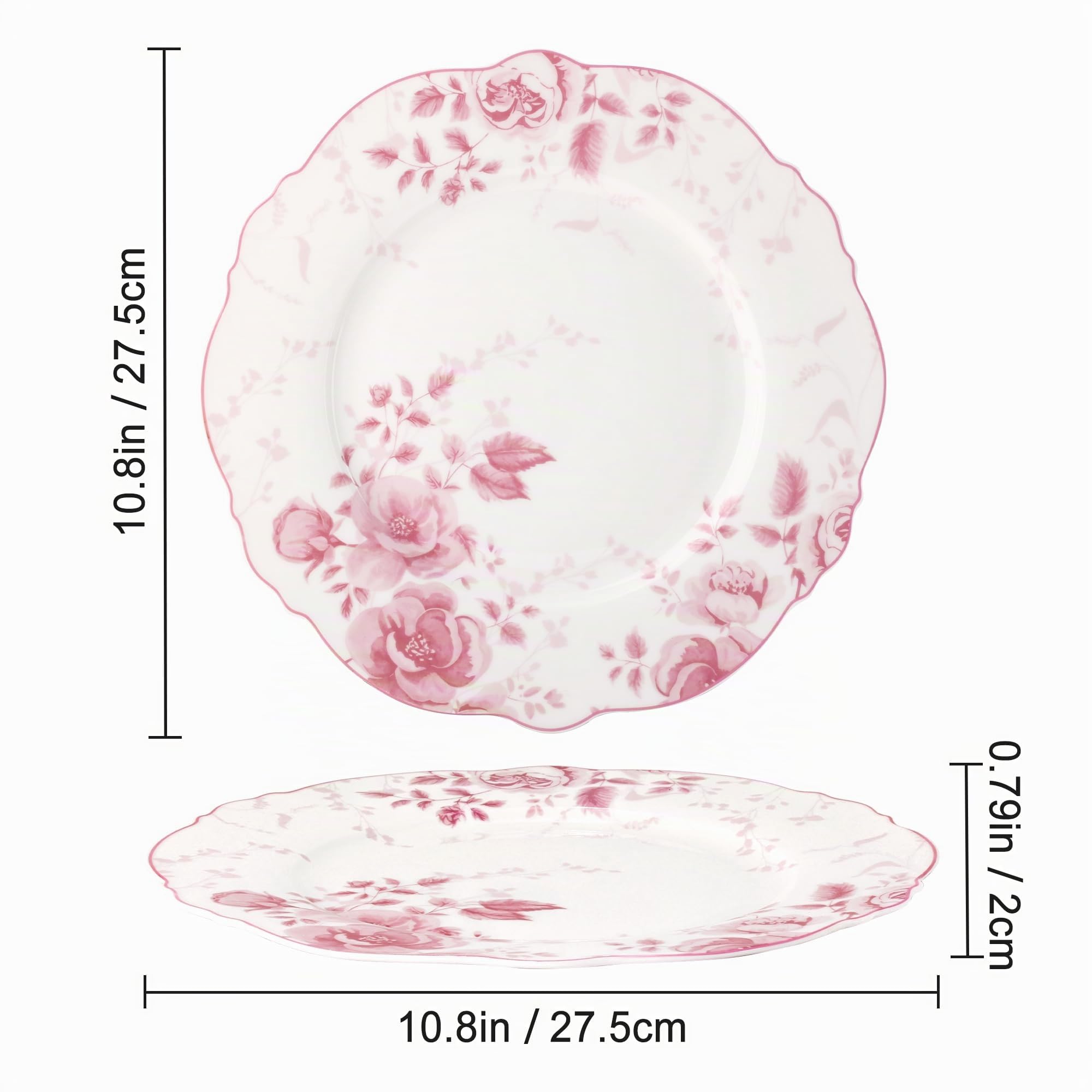 fanquare Lot de 4 Assiettes Plates Roses à Fleurs, 26,7 cm, Grandes Assiettes Rondes en Porcelaine pour Pâtes, Hors-d'œuvre et Steak, Adaptées au Micro-ondes et au Lave-vaisselle