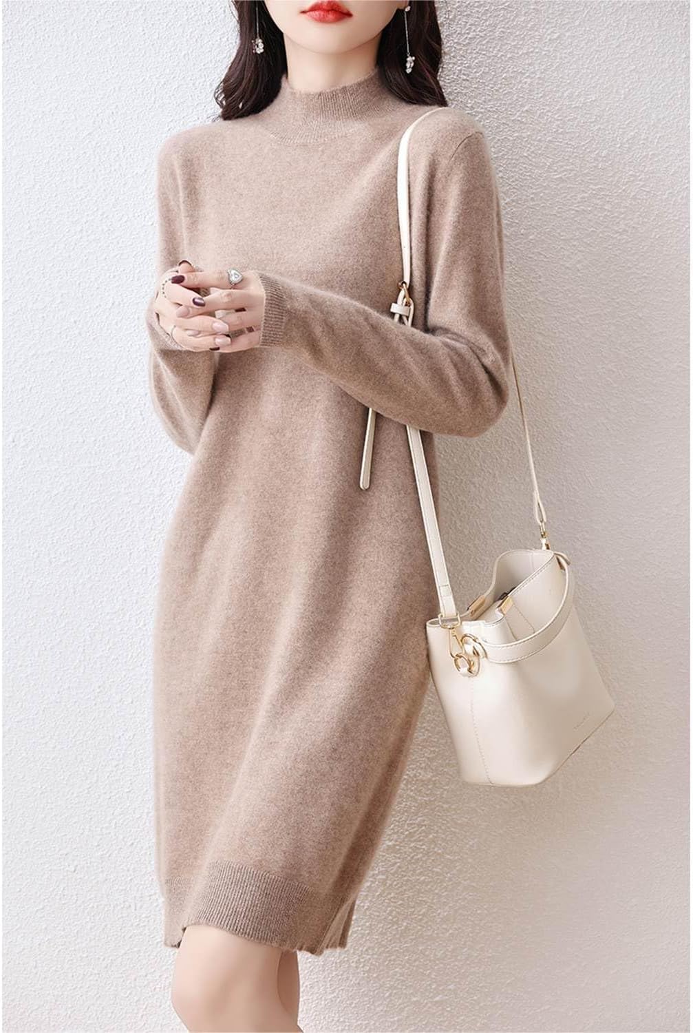 100% Merino Wool Sweater Dress Women's Long Sleeve Mock Neck Pullover Autumn Winter Knitted Long Jumper - Image 2