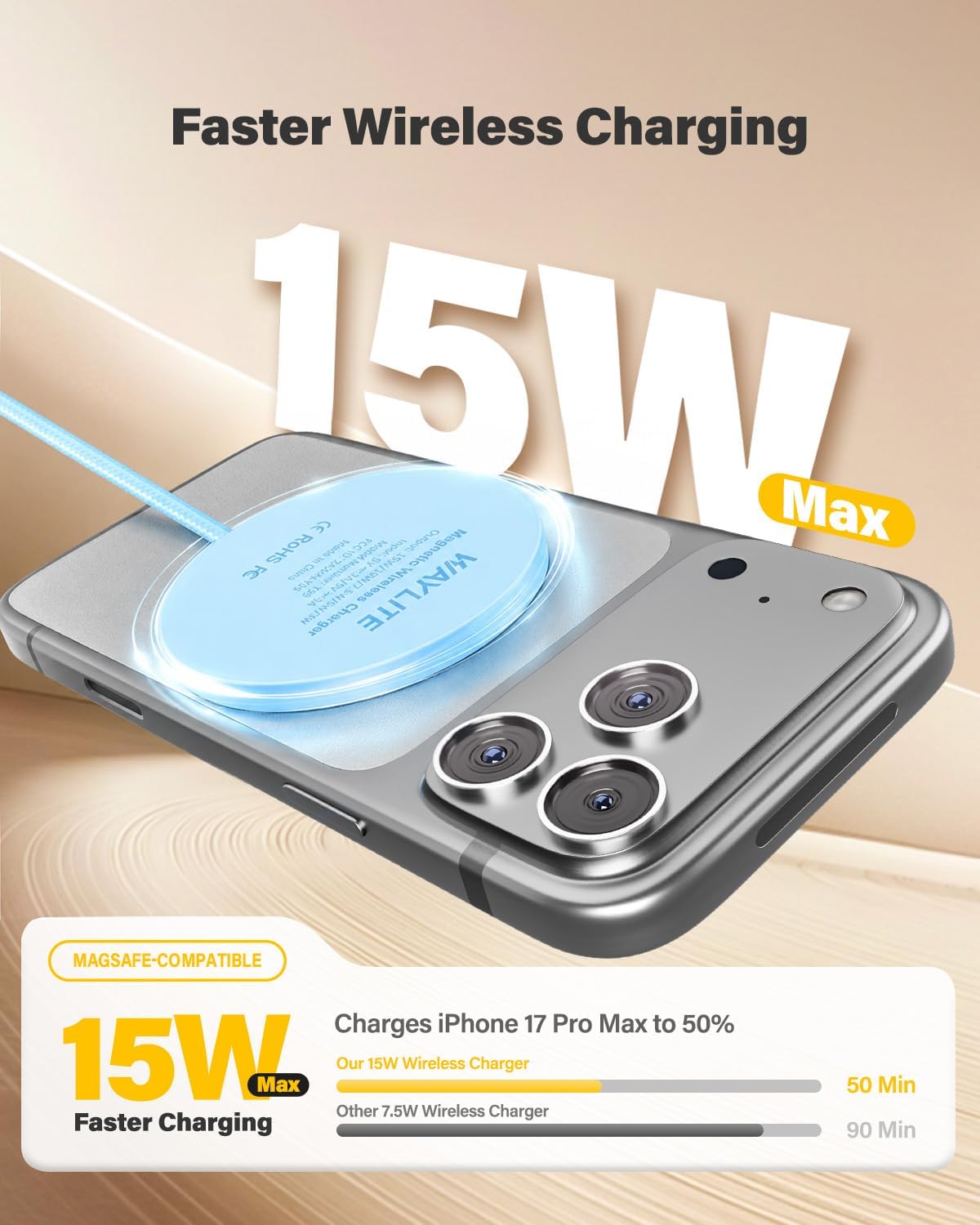 6FT Magnetic Wireless Charger Charging Pad - 15W Fast Phone Charger for Apple iPhone 17 16 15 14 13 12 Series & AirPods 4 3 2 Pro, Phone Charging Pad with Plug for Desk & Travel, 2Pack Blue image 2