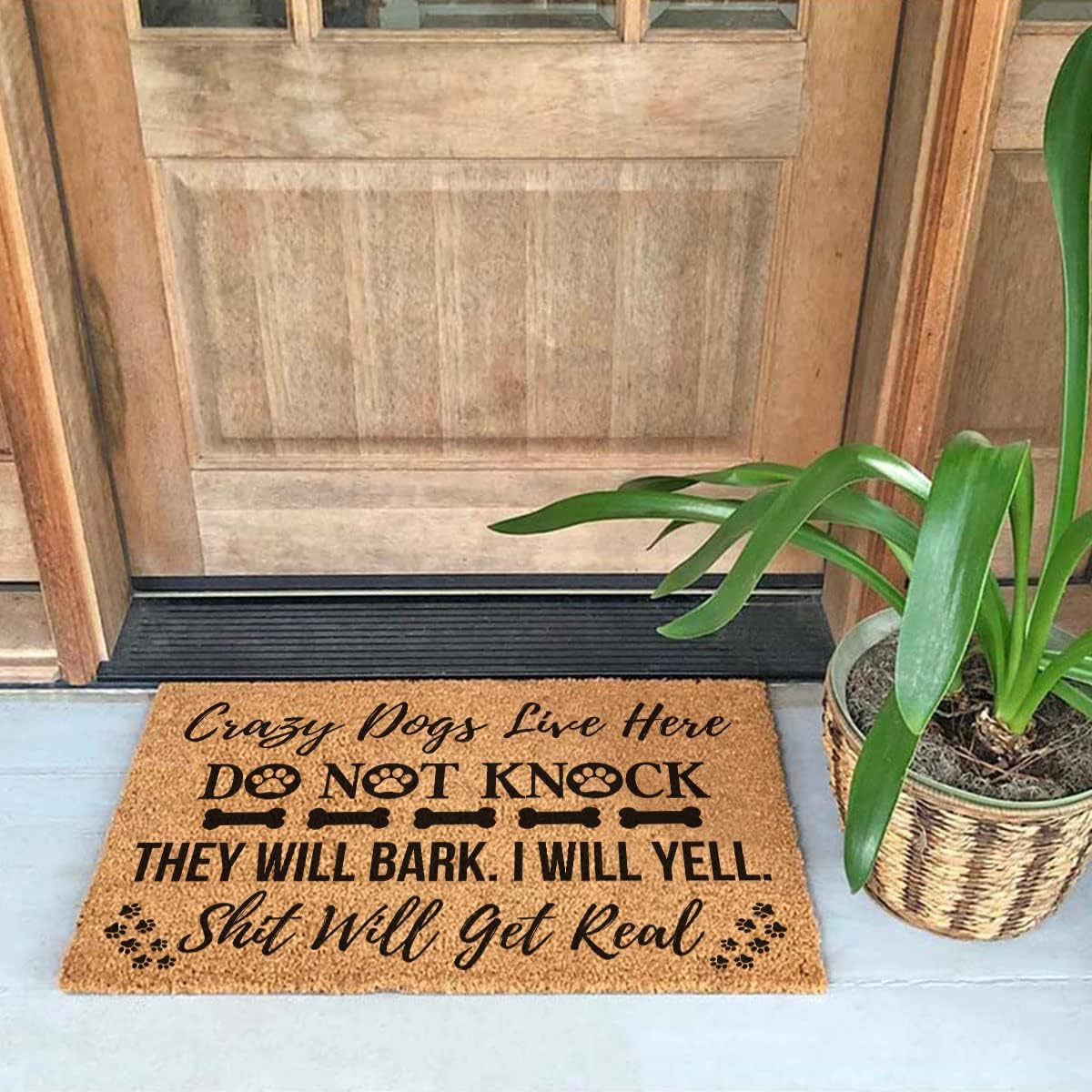 Funny Coir Doormat Crazy Dogs Live Here Do Not Knock They Will Bark I Will Yell Shit Will Get Real Welcome Front Porch Decor Doormat For The Entrance Way Personalized Coir Doormat 23.6x15.7 inch