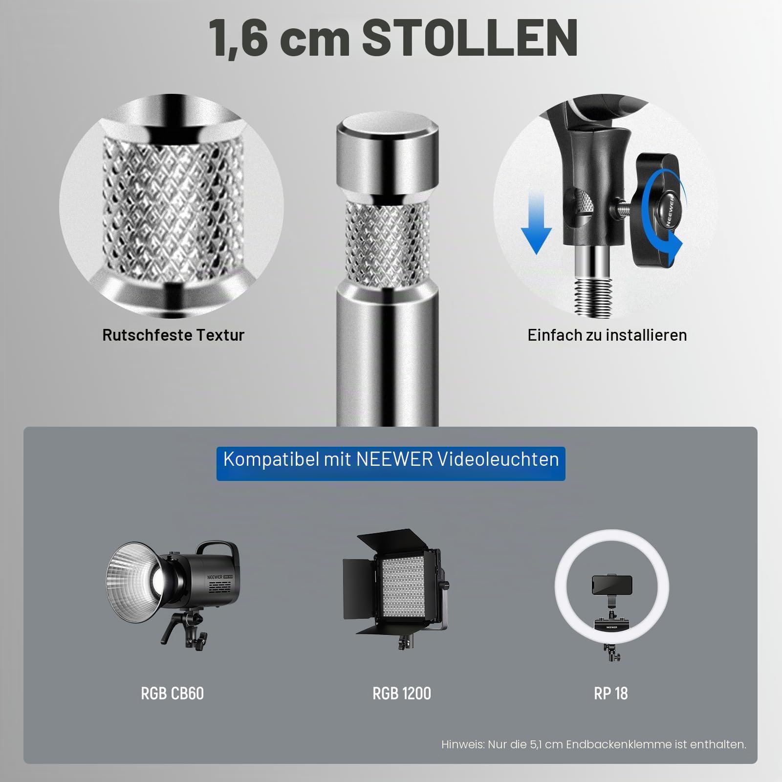 NEEWER 2" Endbacken Schraubstockgriff mit 5/8" Bolzen, Stahlschaft Endschraubstockklemme mit verstellbaren Aluminiumbacken, Gummipolster für C Ständer, Drehgriff, für LED Videolicht Softbox, UA015