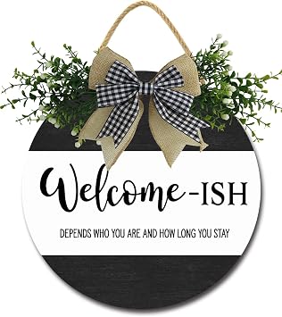 TYmall Welcome-ish Door Dign Funny Welcome-ISH Signs Hanging Wooden Plaque, Welcome Sign for Front Door, Funny Rustic Farmhouse Home Decor Porch Entryway Accent 12X12Inch Black & White Color