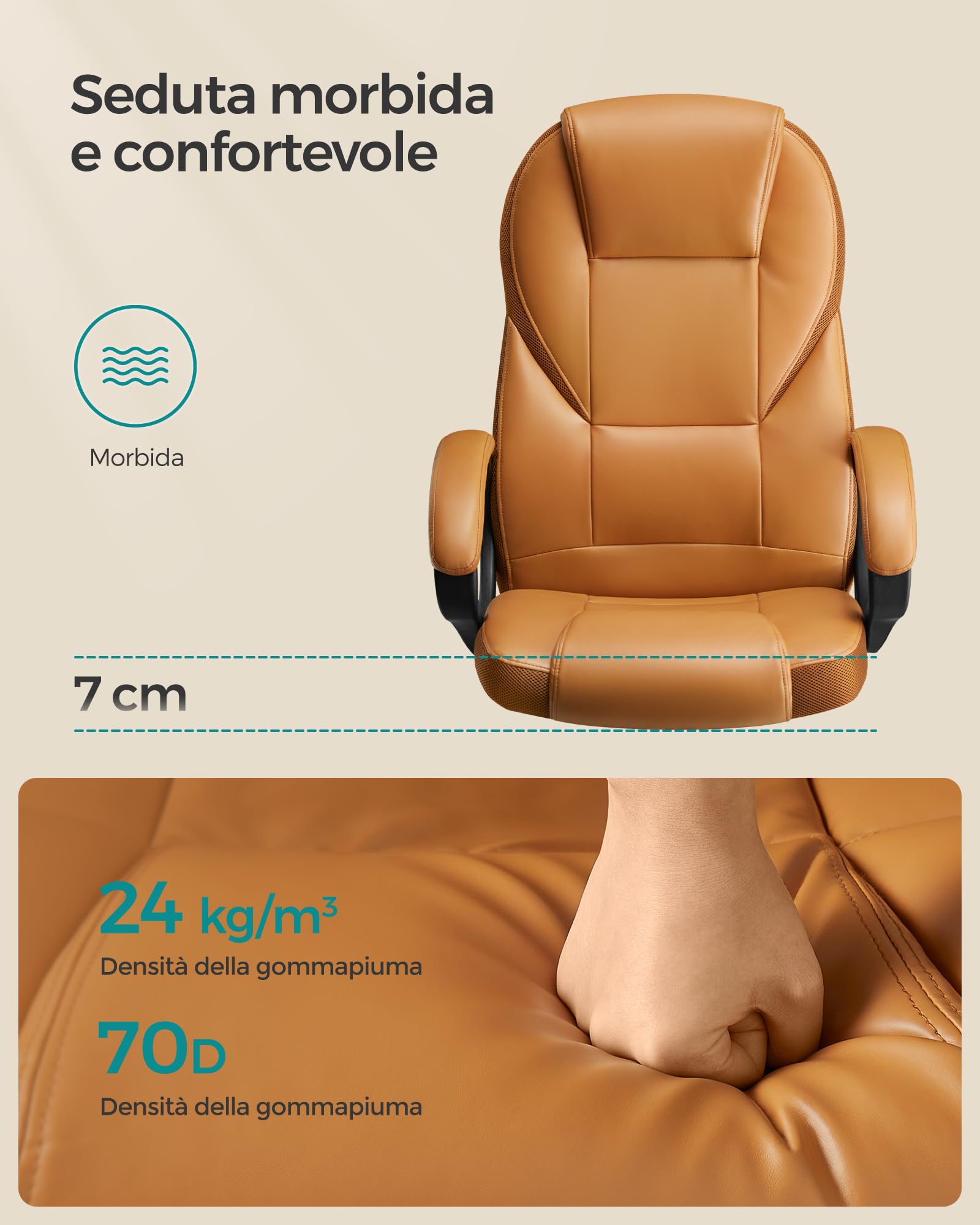 SONGMICS Ergonomica, Poltrona Direzionale, Sedia Girevole e Altezza Regolabile, da Scrivania in Studio e Ufficio, con Rotelle, Marrone Cammello OBG022K01, Poliuretano